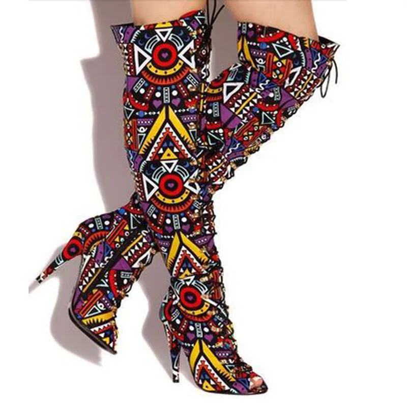 

Sexy Multicolor Folk Scrawl Thigh High Boots Women Peep toe Autumn lace- up over Knee boots High Heels Mixed color Knight Boots