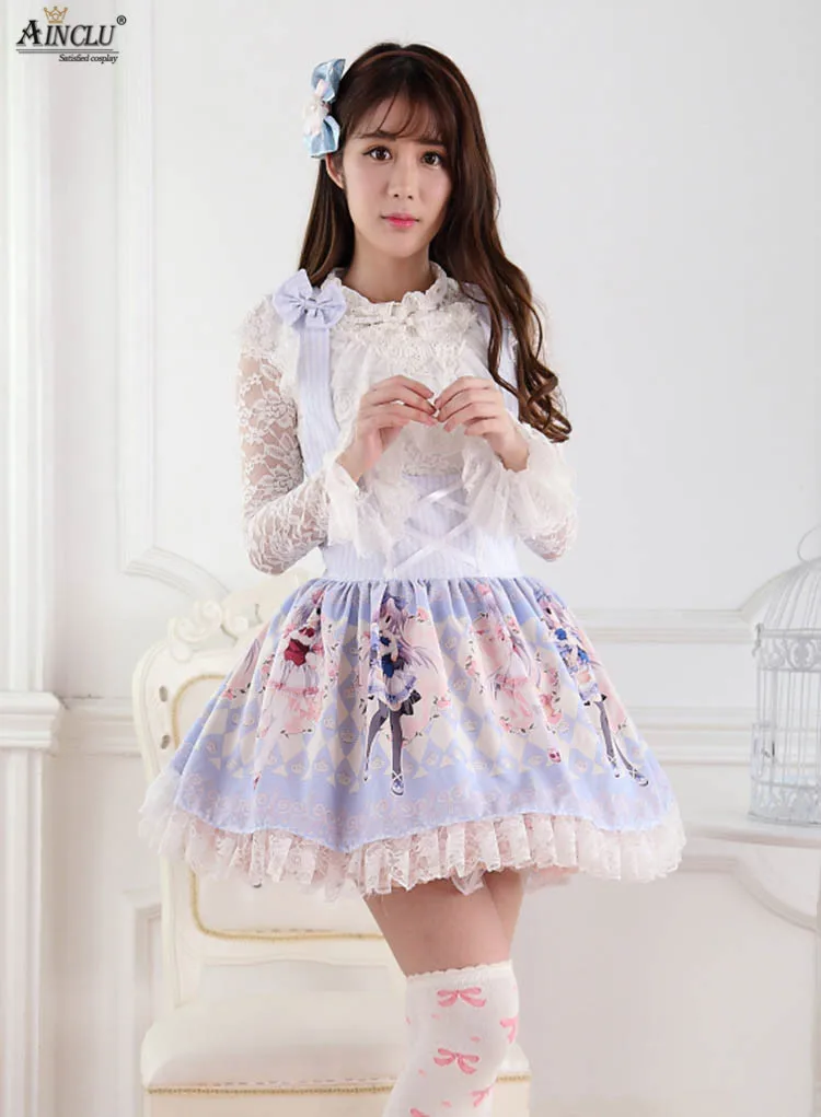 Ainclu Vrouwen Blauw Polyester Rose Soft Schattige Zoete Leuke Riem Prinses Lolita Jurk