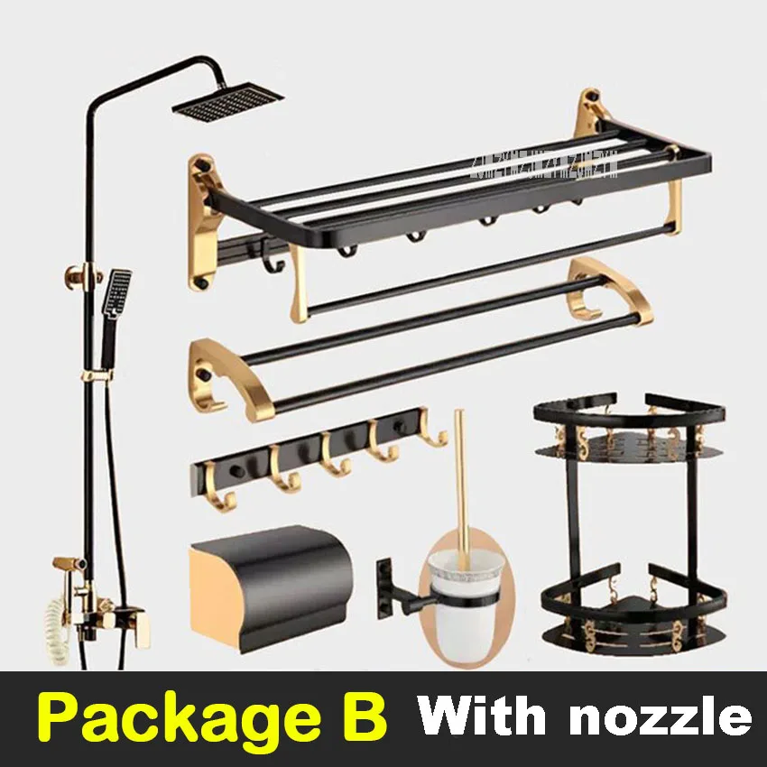 Black Gold Black Shower Set All Aluminum Hot And Cold Water Switch Rotating Wall Booster Shower Head Shower Bath