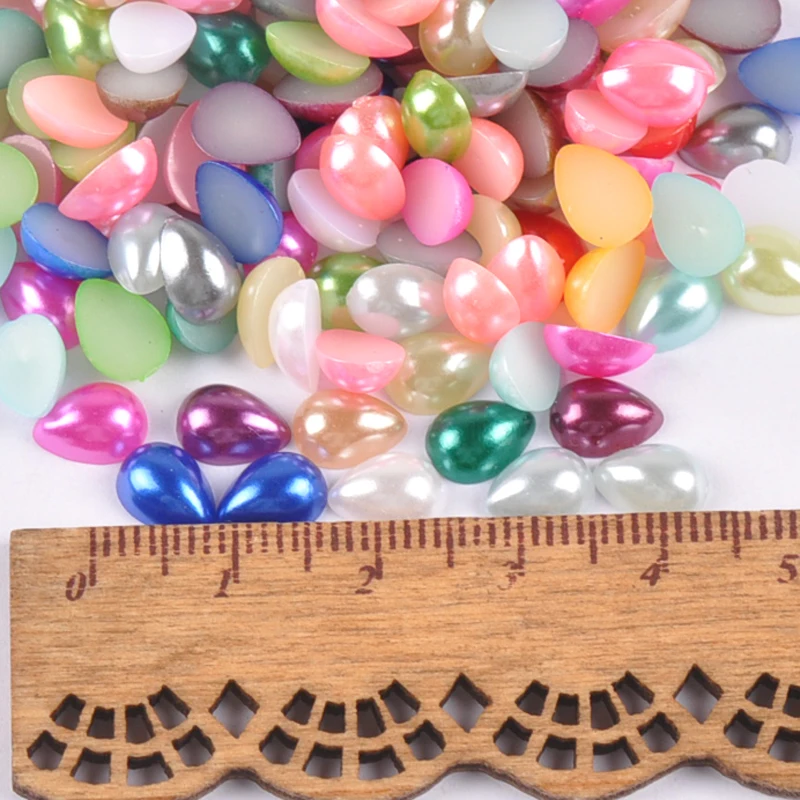 100pcs 8x6mm Mix Color Drop-shaped Imitation Half Round Pearl Flatback Beads for Scrapbook DIY Decoration YKL0718