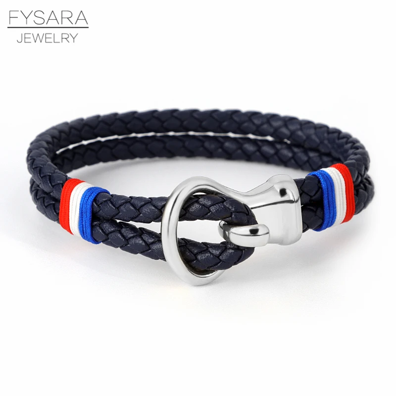 FYSARA Casual Sport Design Red Blue Wire Black Leather Bracelet Stainless Steel Gold Silver Color Clasp U Bracelets For Men