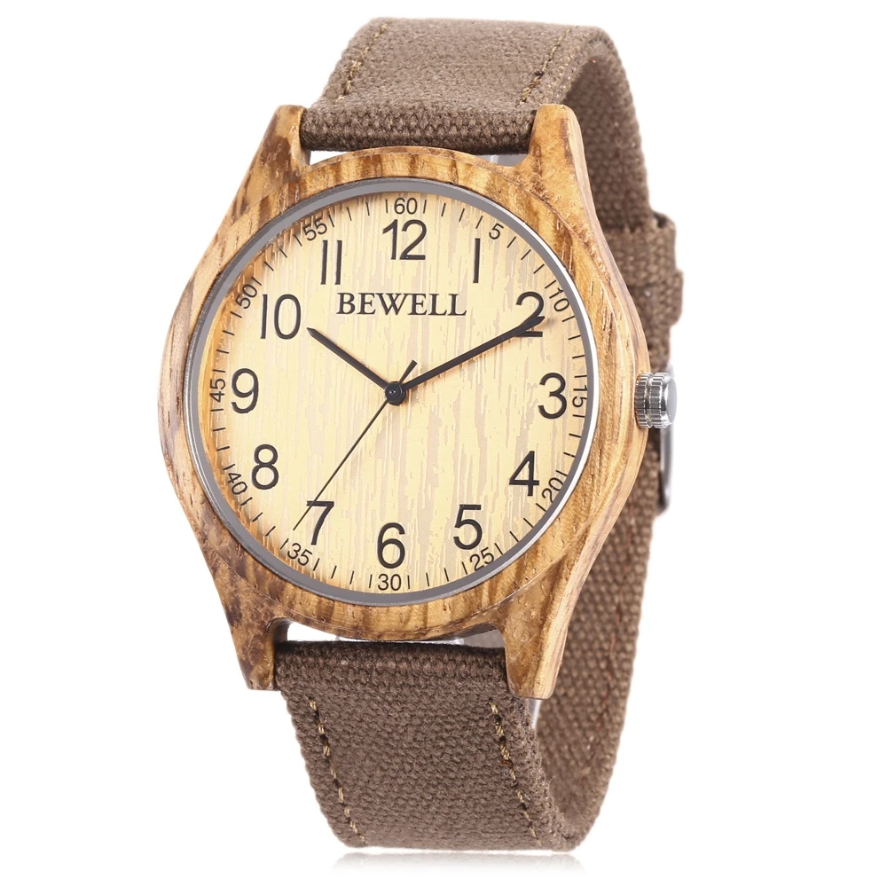 BEWELL ZS - W888 Men Wood Case Quartz Watch Analog Canvas Band Numeral Scale Fashion Wristwatch