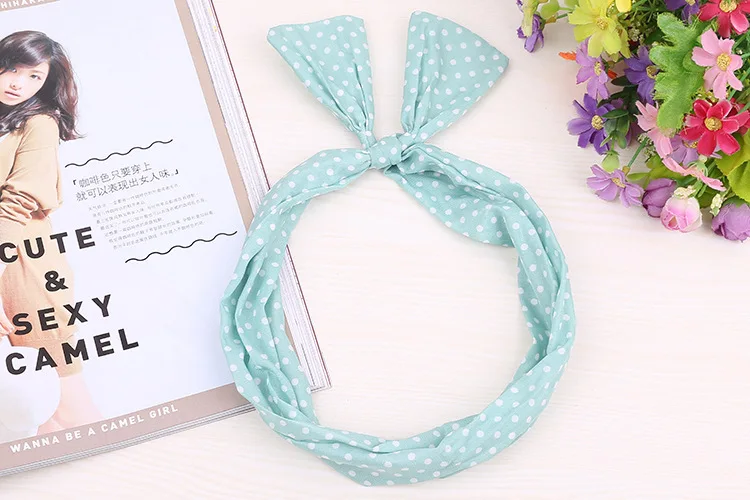 1Pc Cute Dot lip print flower Bunny Rabbit Ear Ribbon Headwear Hairband Metal Wire Scarf Headband Hair Band Accessories