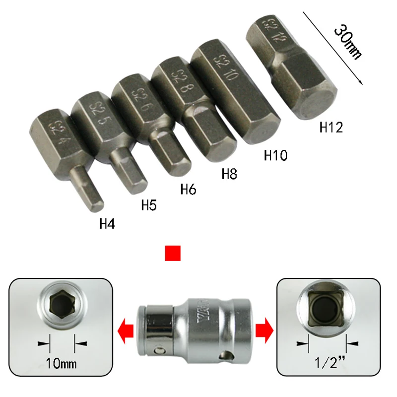 

7 In 1 30mm Long 10mm Hex Shank Heavy Duty Impact Hexagon Screwdriver Bits H4 H5 H6 H8 H10 H12 with 1/2" Drive Socket Adapte Set