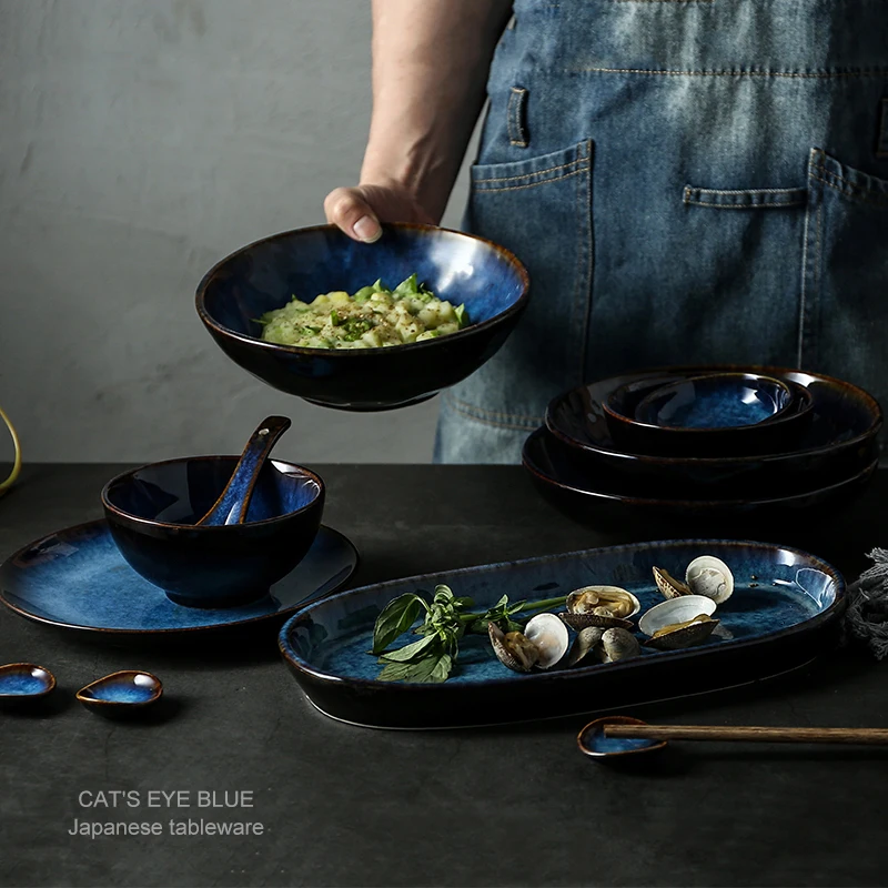 KINGLANG Ceramic Deep Blue Rice Noodle Bowl Cup Sauce Dish Dinner Set Tableware