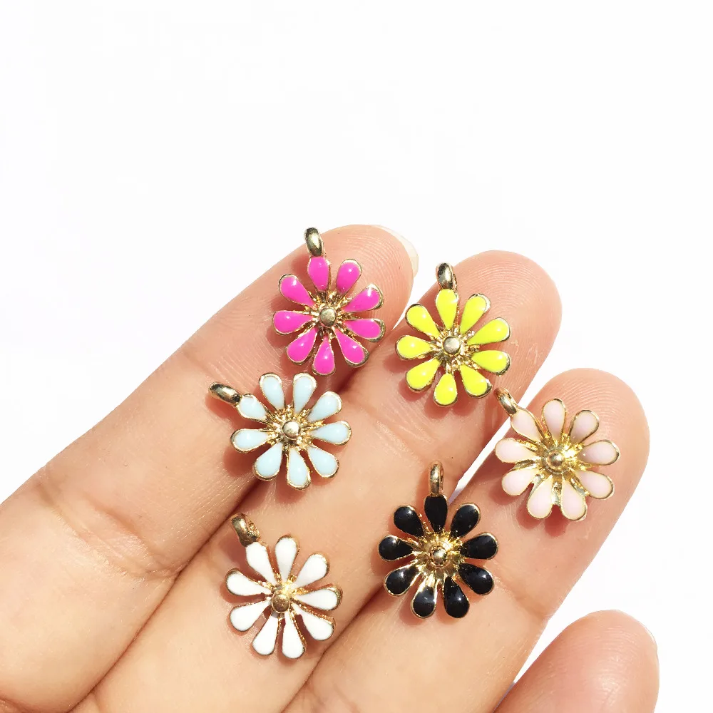 

100pcs/lot Jewelry Oil Drop Daisy Flower Shape Alloy Enamel Charms 12*15mm Floral Ornament Accessories Necklace Bracelet Pendant