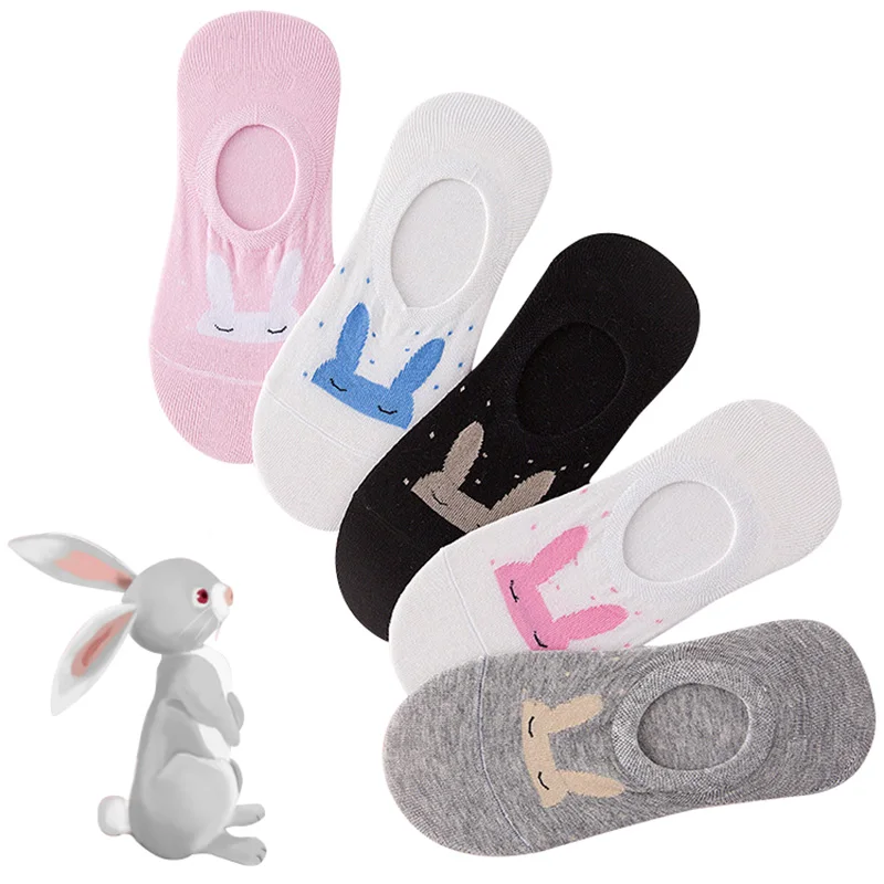 

5pairs Women Socks Cute Cotton Ankle Boat Sock Non-slip Summer Autumn Invisible Rabbit Funny Style Female Girls Art Socks Meias