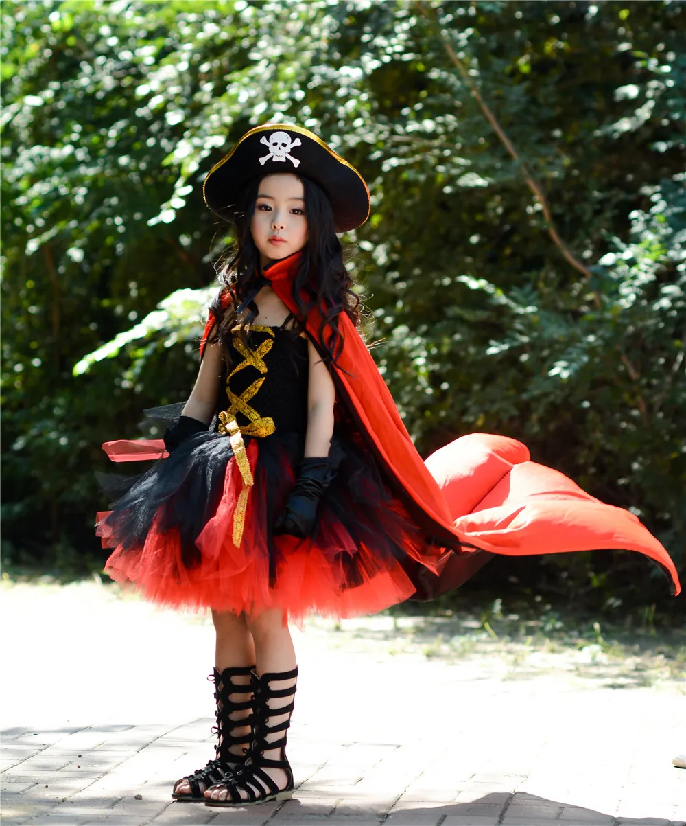 POSH DREAM New Halloween Pirates Kids Girls Costume Costume with Hat Pirates Tutu Dressed Up Black Toddler Girls Cosplay Clothes