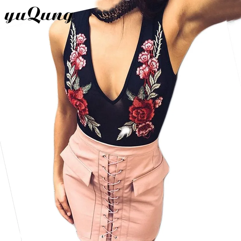 Yuqung Sexy Transparent Mesh Embroidery bodysuit top Women Sheer Sleeveless Romper Black Mesh Overalls Bodycon jumpsuit Black