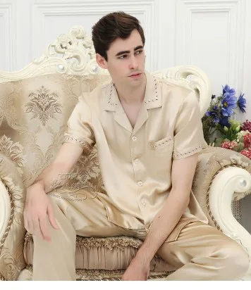 Well ventilated smooth 100 mulberry silk male short-sleeved long silk pajamas leisurewear (champagne