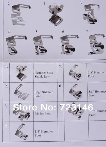 

7pcs Overlock Machine Presser Foot Feet kit Wholesale Special Hemmer And Binder for Janome for Brothers 1/4 2. 3/8 3. 5/8 4. 7/8