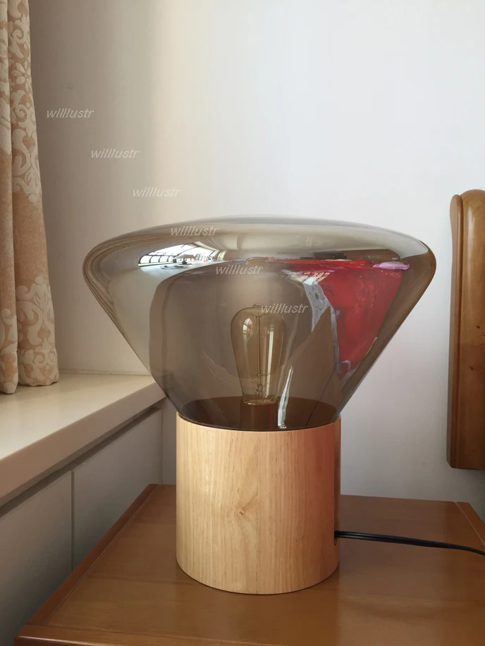 Willluster-木製ベースのモダンなテーブルライト、透明な煙、琥珀色、ガラスシェード、北欧デザイン、デスクランプ、ビンテージバルブ