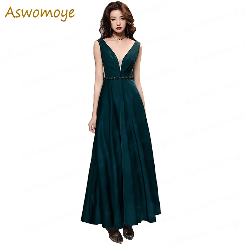 

Green Evening Dress Women New 2019 Elegant Prom Party Dresses Sexy V-neck Crystal Sashes Floor Length a Line Banquet Dresses