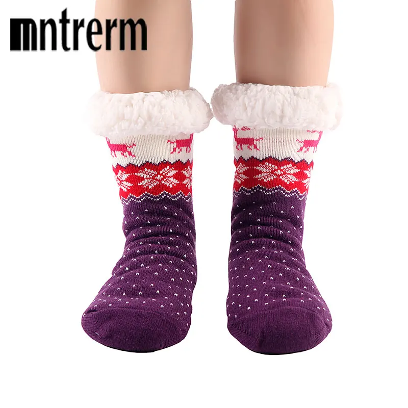 Mntrerm High Quality Winter Christmas Floor Socks Thickening Women's Slip-Resistant Deer Cartoon Gift Knitted Wool slippers