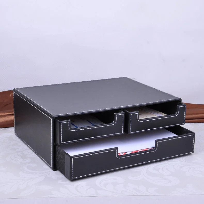 

Double-Layer Leather Desk File Cabinet, 3-Drawer Storage Box, Black Container, Organizer, 218A