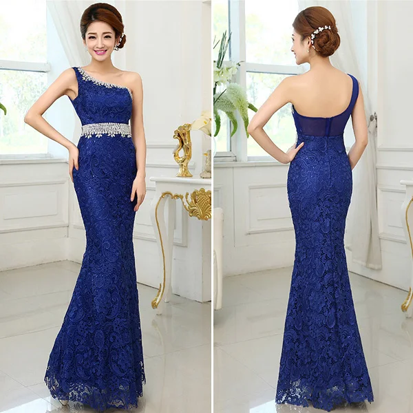 

2015 New Arrival Luxury Elegant One-Shoulder Lace Mermaid Evening Dress Long Plus Size Wedding Party Dress Free shipping