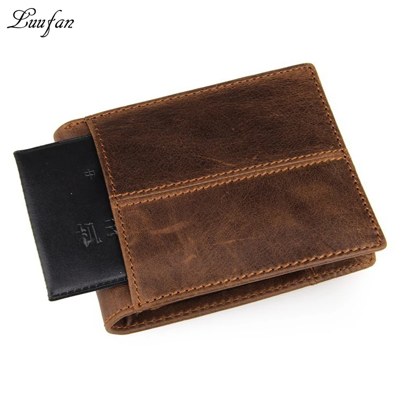 หนังผู้ชาย Crazy Horse กระเป๋ากระเป๋าสตางค์หนัง Trifold กระเป๋าสตางค์ Snap กระเป๋าเหรียญกระเป๋าสตางค์หนังแท้สีน้ำตาล