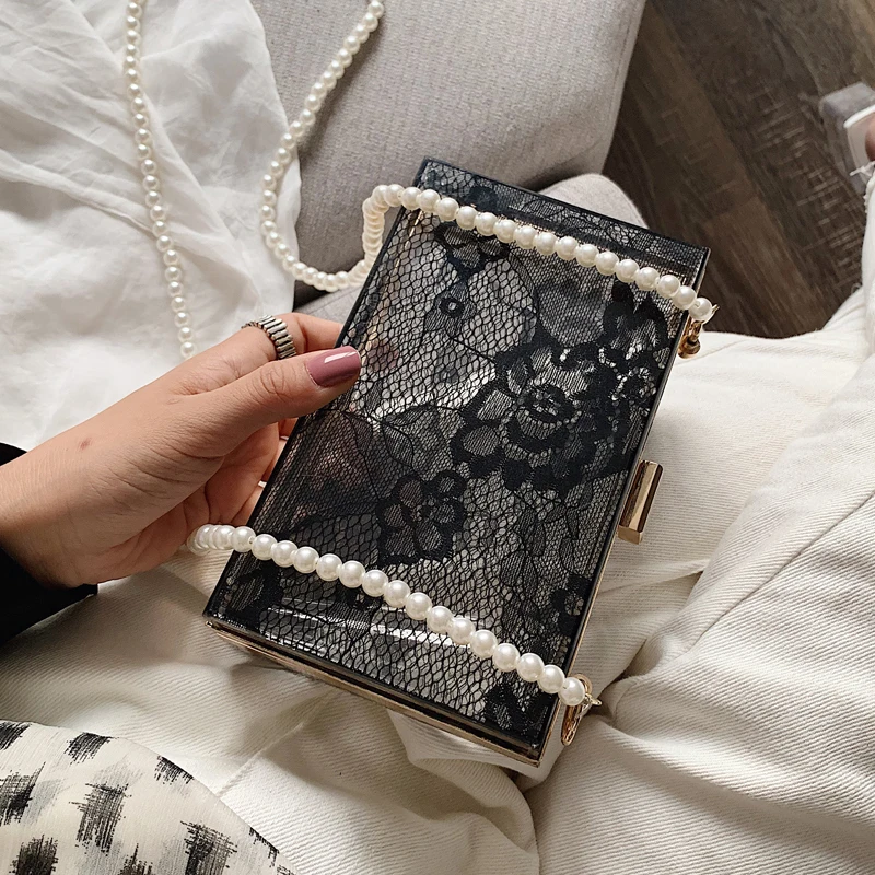 Black & White Lace Acrylic Box Design Pearl Chain Ladies Party Clutch Bag Shoulder Bag Tote Bag Women Evening Bag Flap Handbag