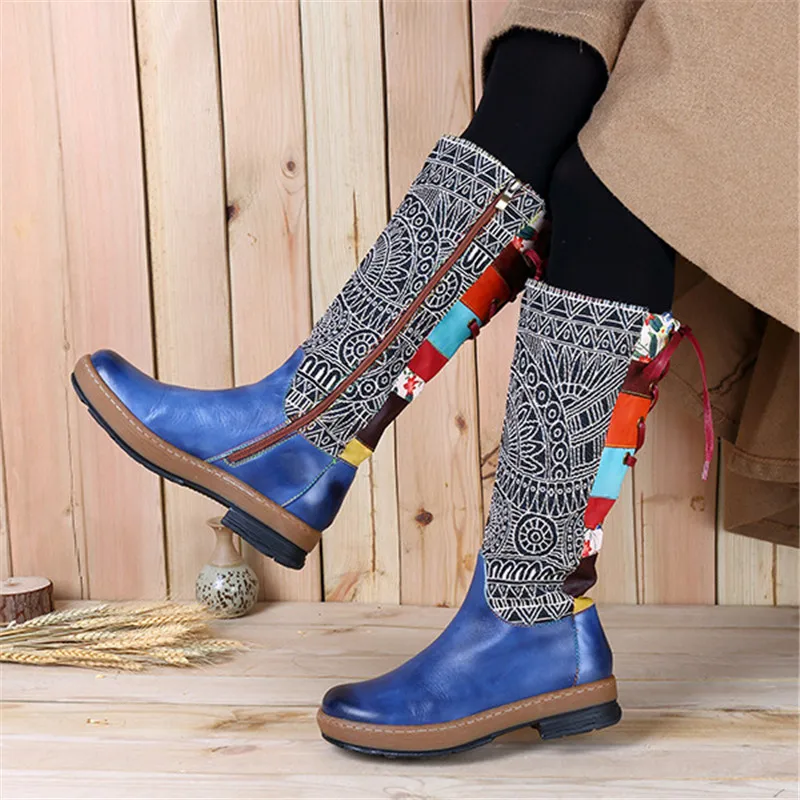 D Knight Fashion Genuine Full Grain Leather Flat with Shoes Handmade Round Toe Heel 3cm Winter Spring Knee High Boots  For Women