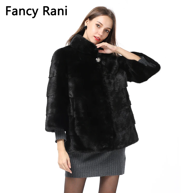 Fancy Rani New Natural Real Whole Mink Fur Coat 3/4 Sleeve Women Mink Fur Coats Stand Collar Jackets Outwear Real Fur Clothing