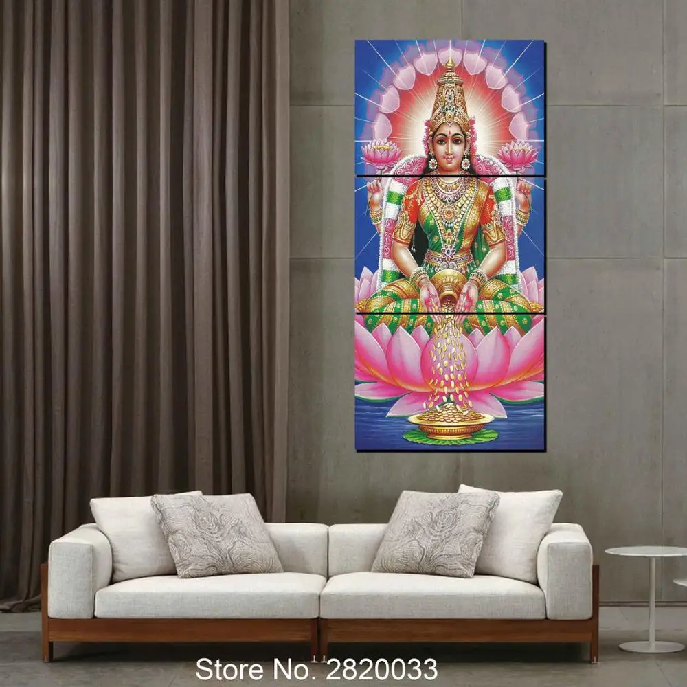 Wall Art Prints Canvas Art Painting Modular Picture And Poster Peaceful Lakshmi God Canvas Painting Decoration Home 3 PIECES