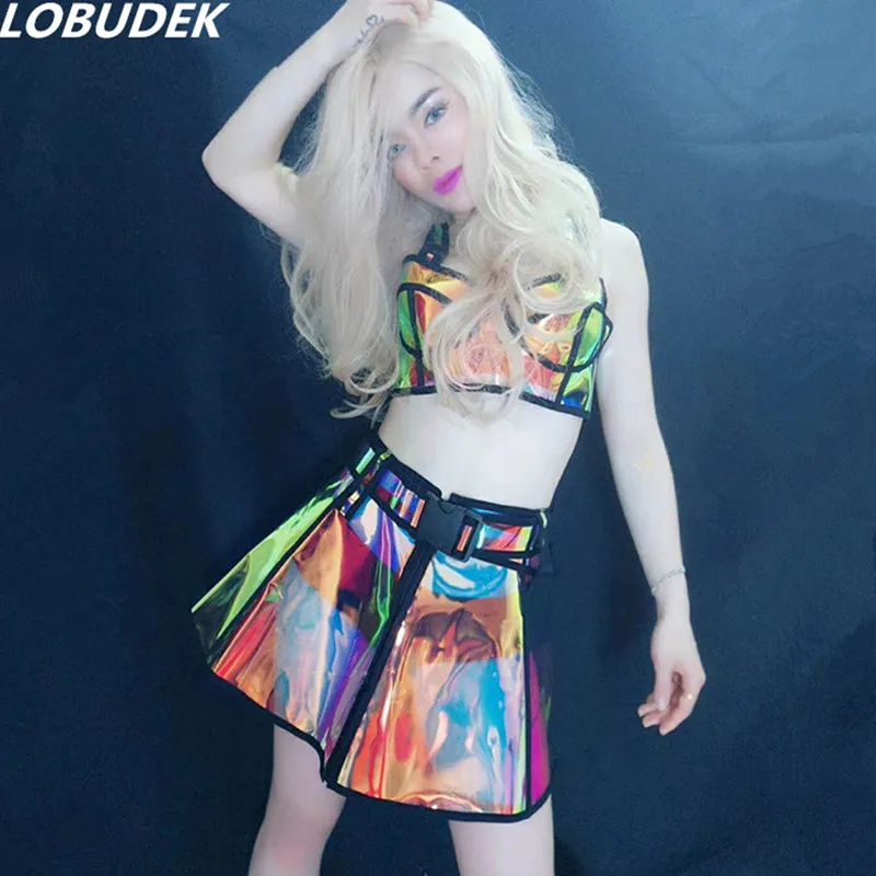 

Colorful Laser Bra Short Skirt Sexy Dance Costume Women Set Nightclub Carnival Outfit Bar Party DJ Singer Performance Stage Wear