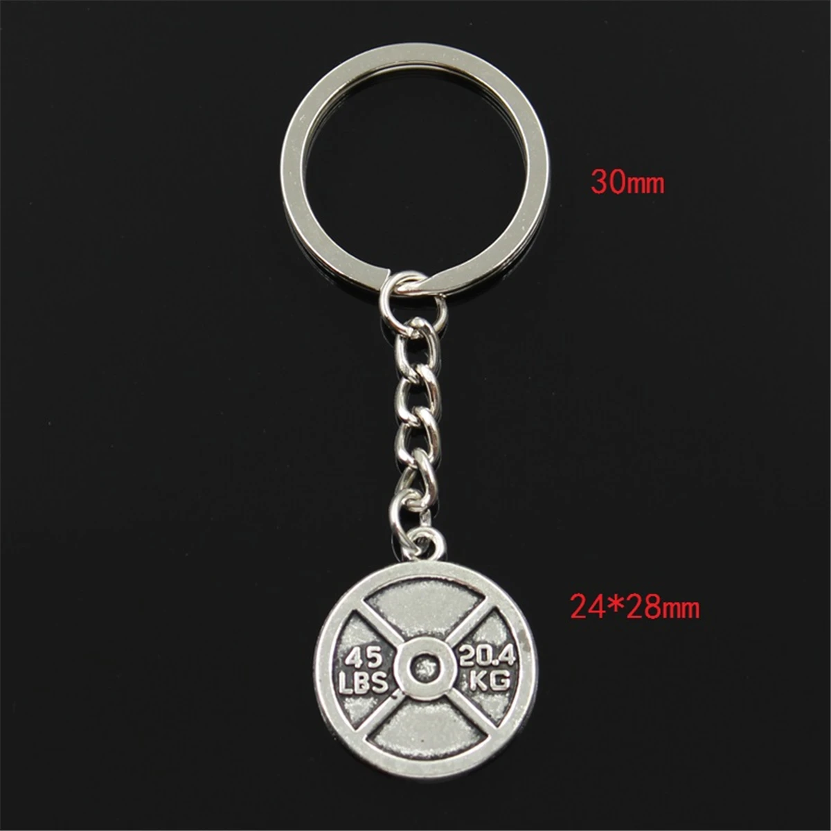 New Fashion Men 30mm Keychain DIY Metal Holder Chain Vintage Barbell Disc Weight 45lbs 20.4kg 24x28mm Silver Color Pendant Gift