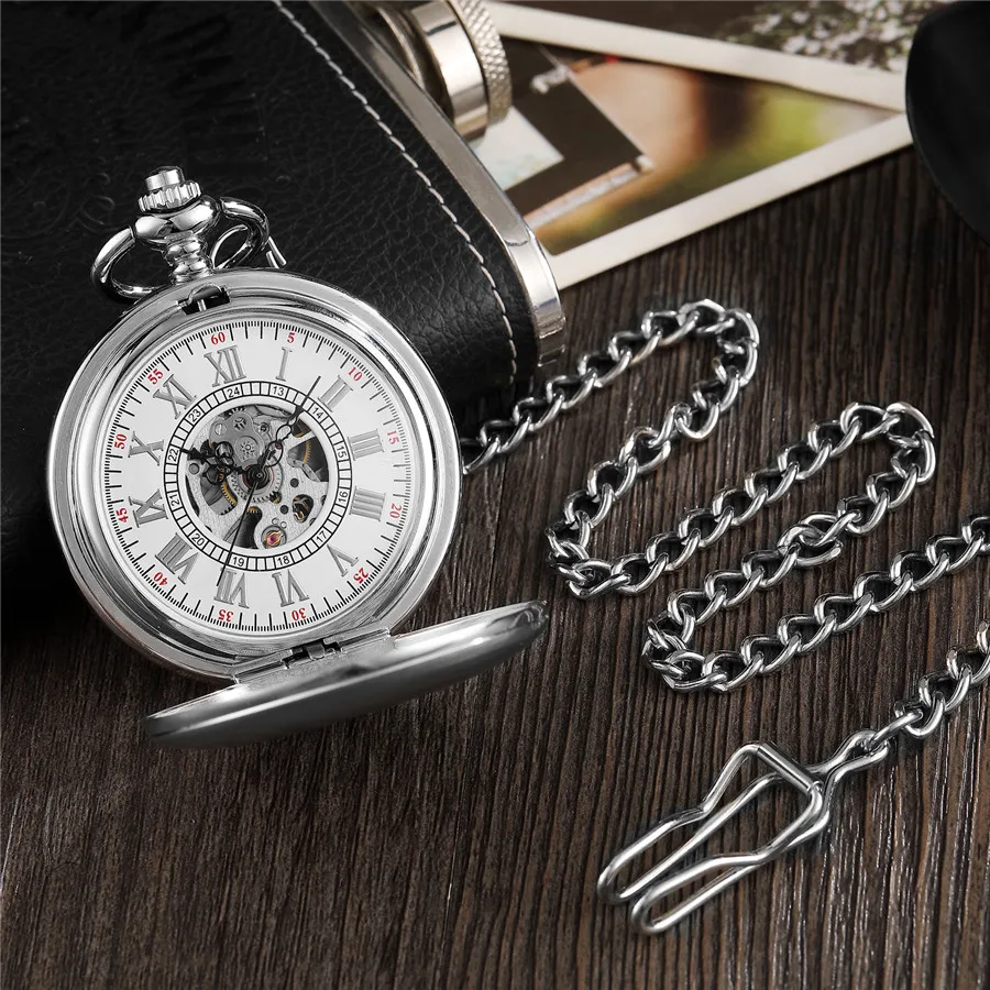 Vintage Zilveren Zakhorloge Mechanische Man Hand Wind Steampunk Ketting Fob Horloge Ketting Romeinse Cijfers Lady Klok Voor Vrouwen Mannen