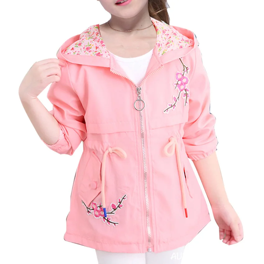 Girls Windbreaker Coat New Cute Flower Hooded Outwear for Baby Kids Clothes Children Casual Jackets 4 6 8 9 10 12 Years Vestidos