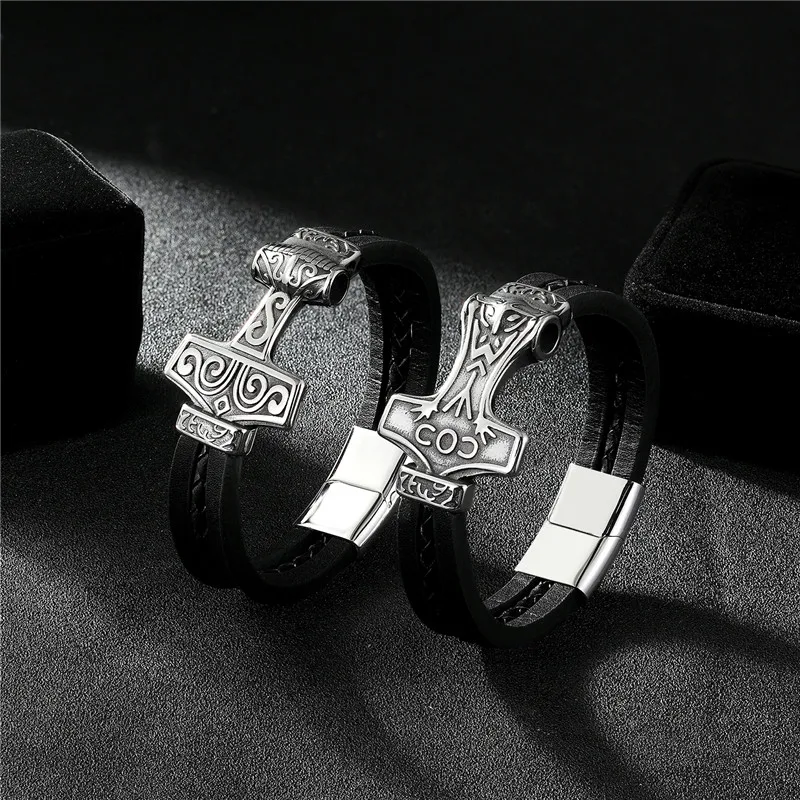 MKENDN Viking Men Stainless Steel Wolf Thor Hammer Leather Bracelet Punk Style Statement Magnet Buckle Bracelet Jewelry Gift