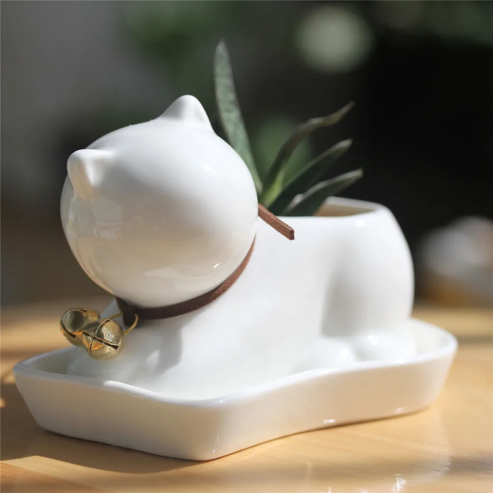 

NCYP Desktop Kawaii Small Cat Kitten Cub Pearl White Ceramic Flowerpot Succulent Plant Pot Garden Porcelain Flower Pot Bonsai