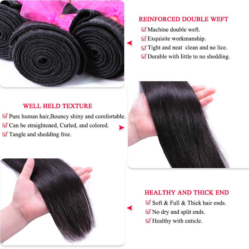 Queen Hair Products Brazilian Bundle Straight  Raw Hair Bundles 4pcs 100% Human Hair Weave Bundle Virgin Natural color