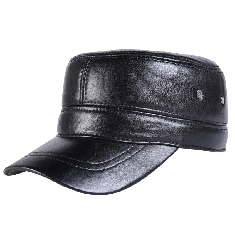 New Leather Hat Middle-aged Man Autumn Winter Sheepskin Visor Hats Old Man Flat Top Fashion High Quality Warm Cotton Cap H7014