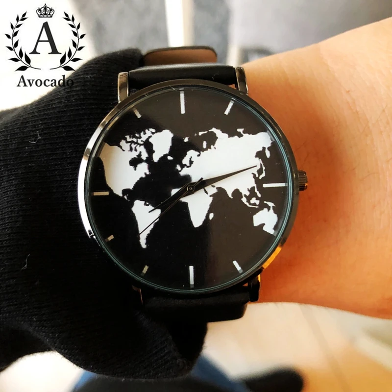 Relógio mapa mundi preto, pulseira de couro, movimento de quartzo, 3 mãos, masculino, feminino, temporizador, presente