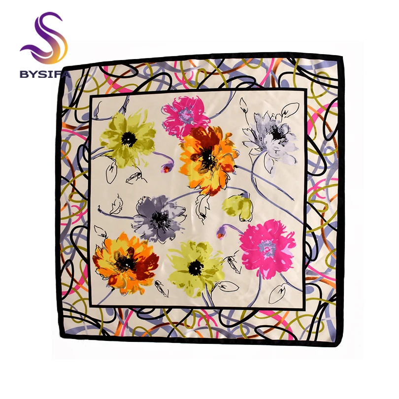 [BYSIFA] Fashion Silk Scarf Shawl 2018 New Autumn Winter Women 100% Pure Silk Scarf Elegant Floral Large Square Head Scarves