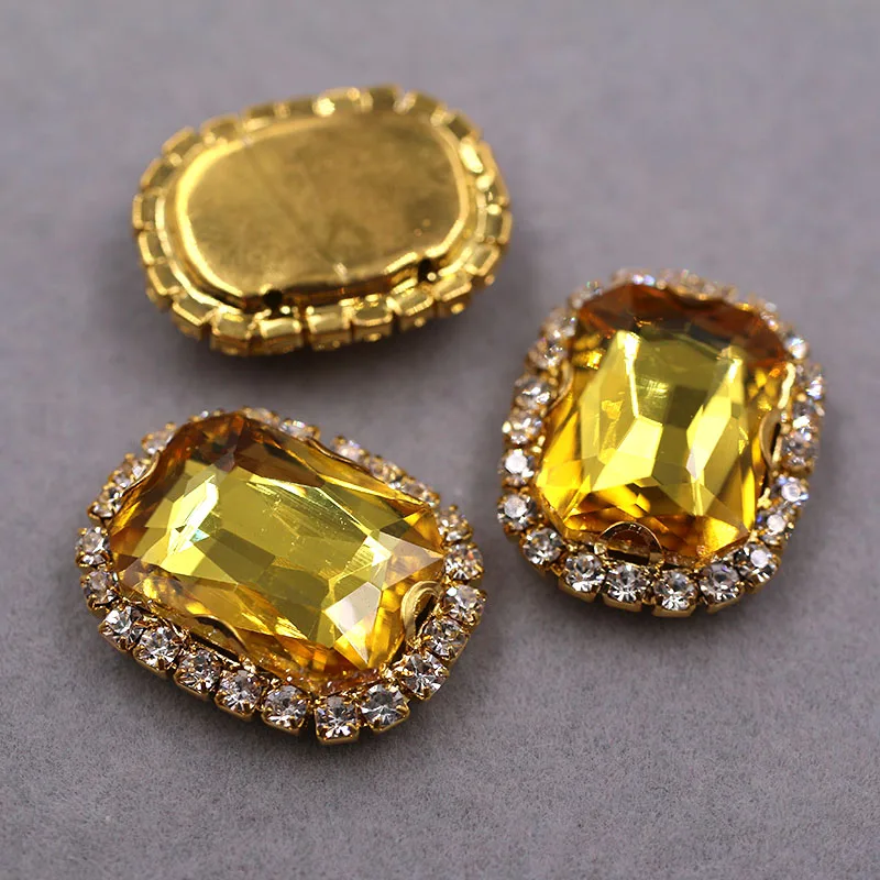 Gold base Rectangular octagonal shape Gold yellow sew on rhinestones glass Crystal button DIY Wedding dress/clothing accessories
