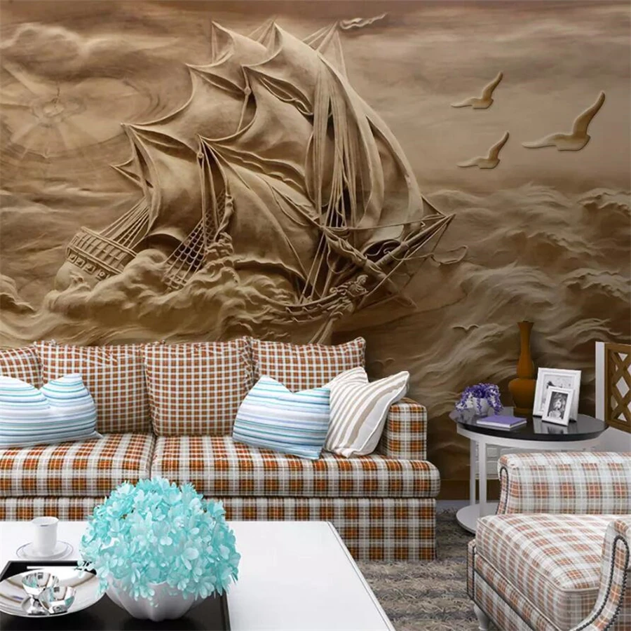 Beibehang Custom wallpaper 3D stereo photo mural stereo relief embossed wind and waves smooth sailing background 3d wall paper