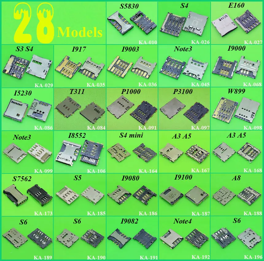 

28models SIM card reader socket holder connector for Samsung I9200 I9100 i8552 i9128 i879 i8262 i8260 Note3 S4 S5 S6 N9000