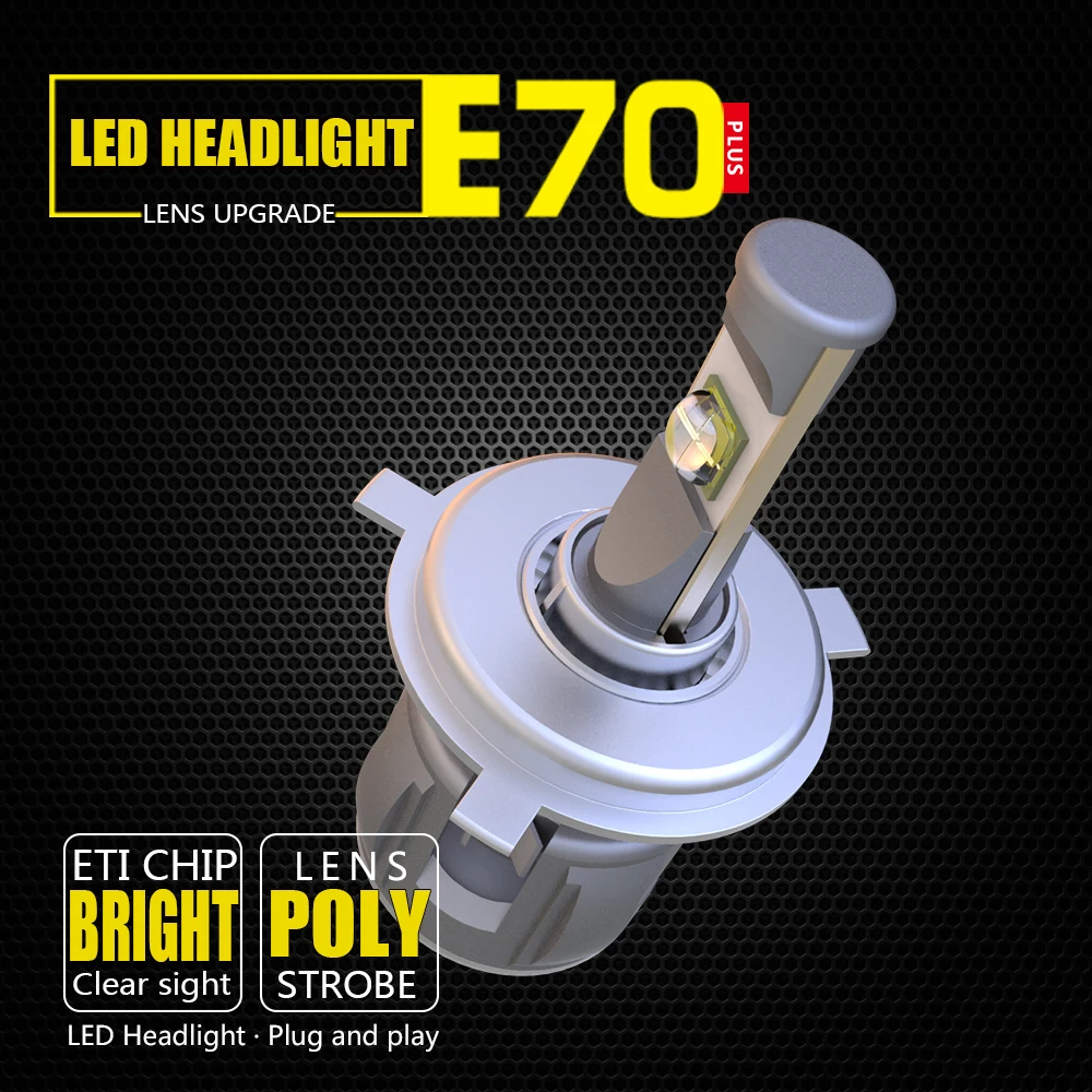 1 Set H4 9003 60W 6000LM E70 LED Headlight Front Lens Lamps Bulbs ETI-70 4SMD Chips Turbo Fan White 6000K H/L Beam 120W 12000LM