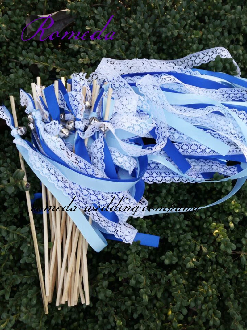 (50Pieces/Lot)Style D Dark  + Light Blue ribbon lace wedding wands  with bell  Wedding Ribbon Stick,ribbon Twirling Streamers