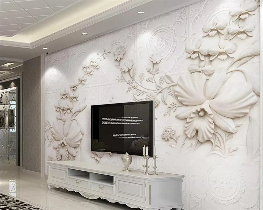 Custom wallpaper beige white Jane European relief orchid 3d TV background walls home decoration murals 3d wallpaper