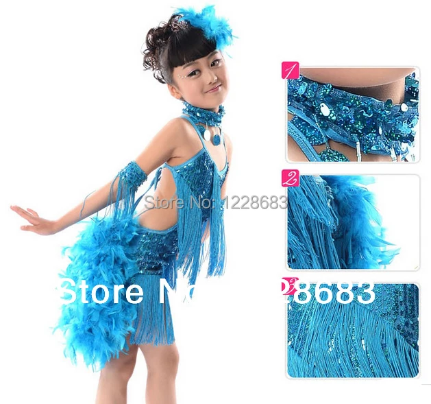 New Children Kids Sequin Feather Fringe Stage Performance Competition Ballroom Dance Costume Latin Dance Dress For Girls