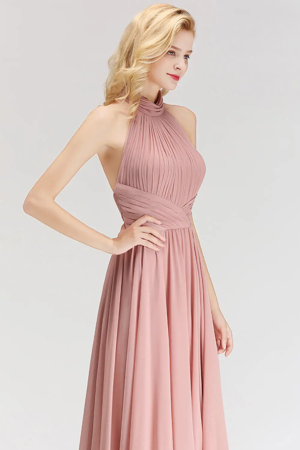 Staubigen Rosa Halfter Abendkleider 2022 Lange Frauen A-linie Chiffon Ärmellose Sexy Backless Formales Abschlussball-partei-kleid roben de soirée