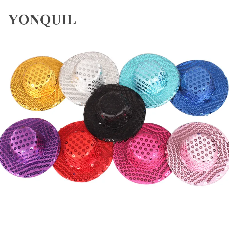 

13CM Mini Top Hat Headwear Shining Fascinator Hat Base Hen Party Felt Glitter Sequin Kinds Show DIY Hair Accessories 12PCS/LOT