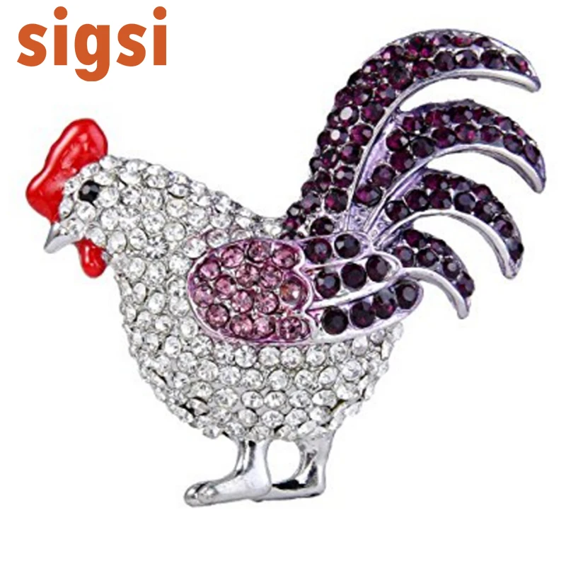 Silver -Tone Women's Purple Crystal Enamel Party Lovely Morning Rooster  Cock Animal Accessory Brooch