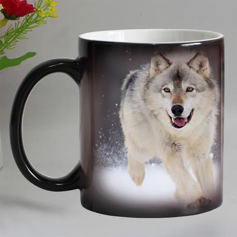 Funny Wolf Animal Heat Sensitive Coffee Mug Cup Ceramic Magic Color Changing Tea Milk Cups Beer Glass 11OZ