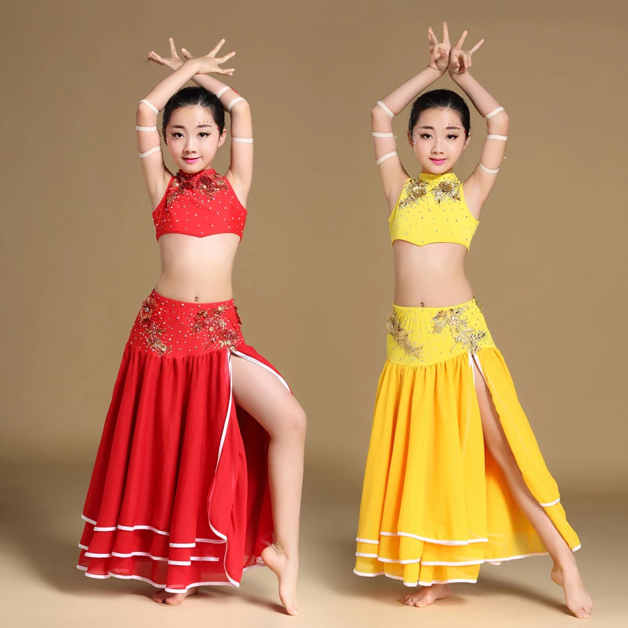 Ropa de danza del vientre para niños, traje Oriental, Top y falda, conjunto de traje de danza del vientre para niñas