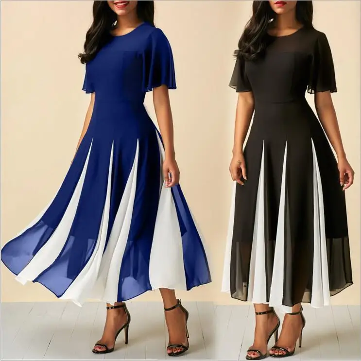 women summer elegant dresses Vestidos Black and blue elegant chiffon patchwork round-neck dress dress