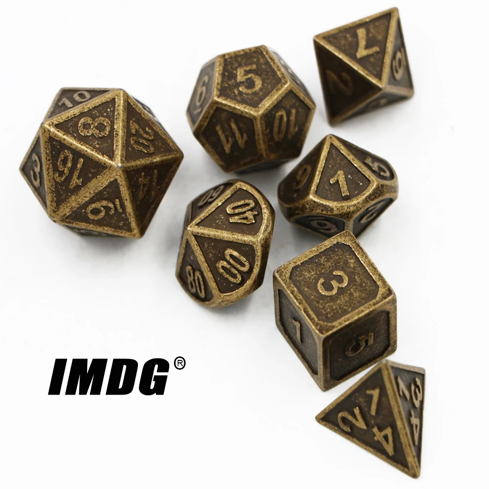 IMDG 7pcs/set Creative RPG Game Dice Polyhedron Metal Dice DND Carving Bronze Color Digital Game Dice