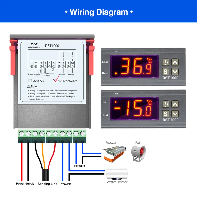 DST1000/1020 Digitaler Temperaturthermostat mit LED-Anzeige, Controller-Sensor, Dual-Modus für Inkubator, DC 12-72V, AC 110V 220V – Detail 7